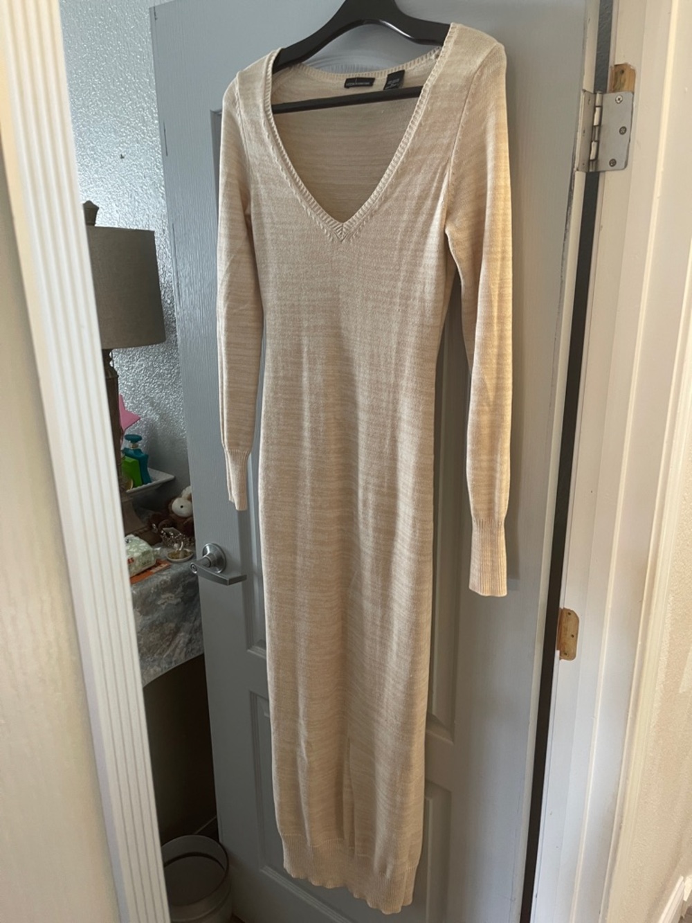 Long V-Neck Knit Dress in Beige by Unknown Brand